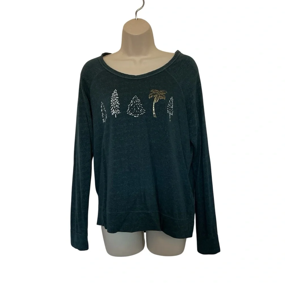 NWOT Sundry Women’s Green Light Sweatshirt Palm Tree Pine Trees Graphic Size 2/M - Picture 2 of 7